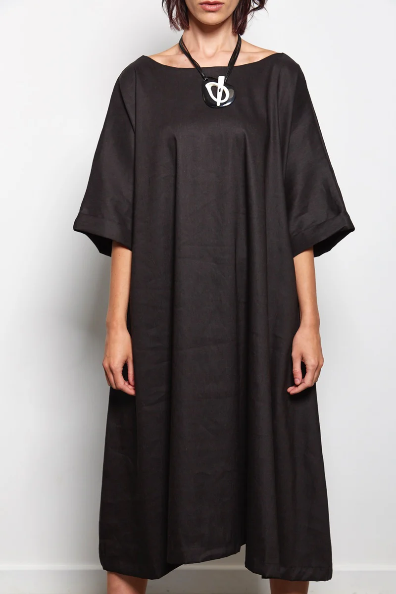 Zana - Linen Black Loose Fit Flared Dress - Image 3